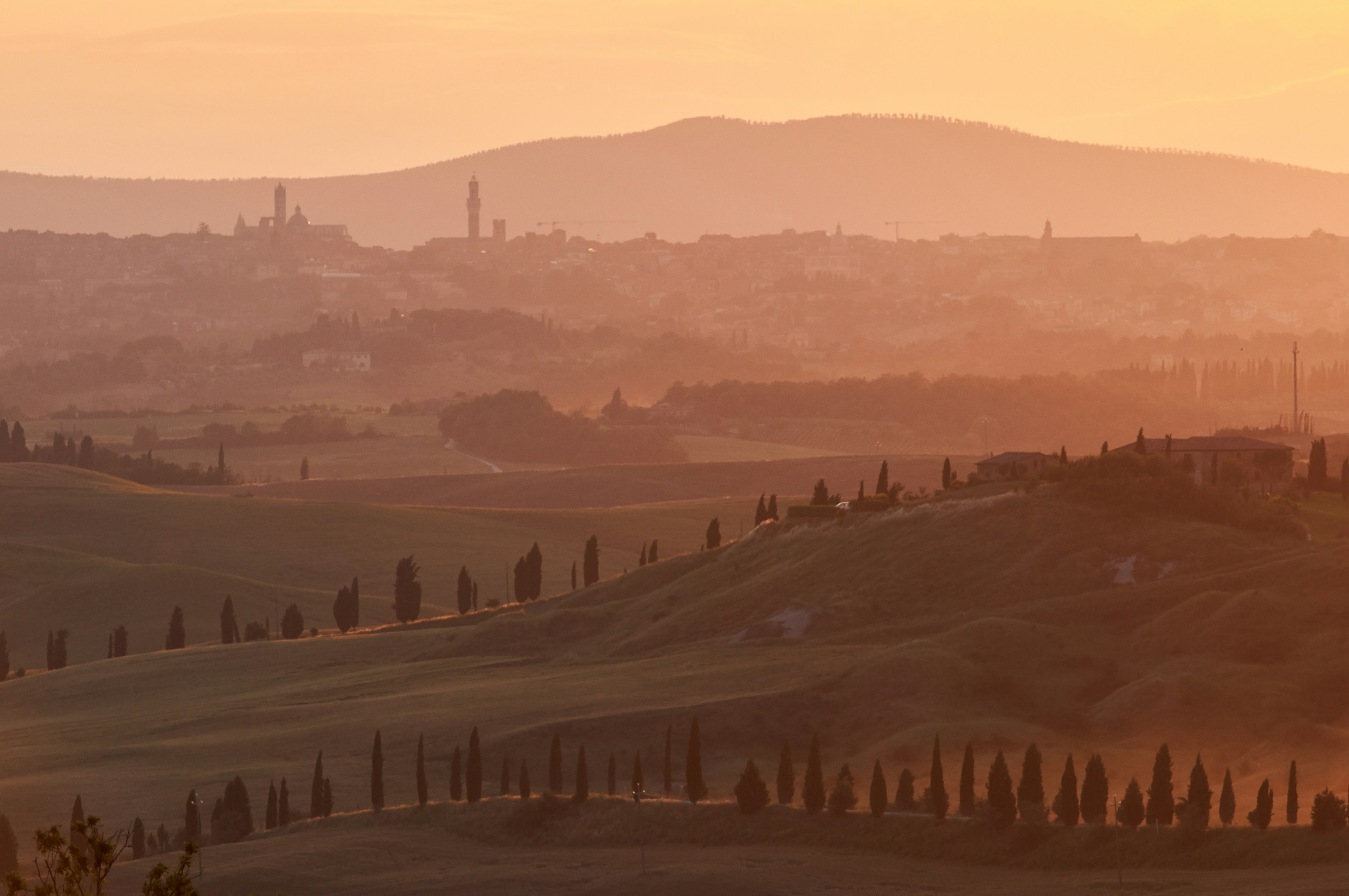 Golden Tuscan hills at dusk, a hill town in the haze
