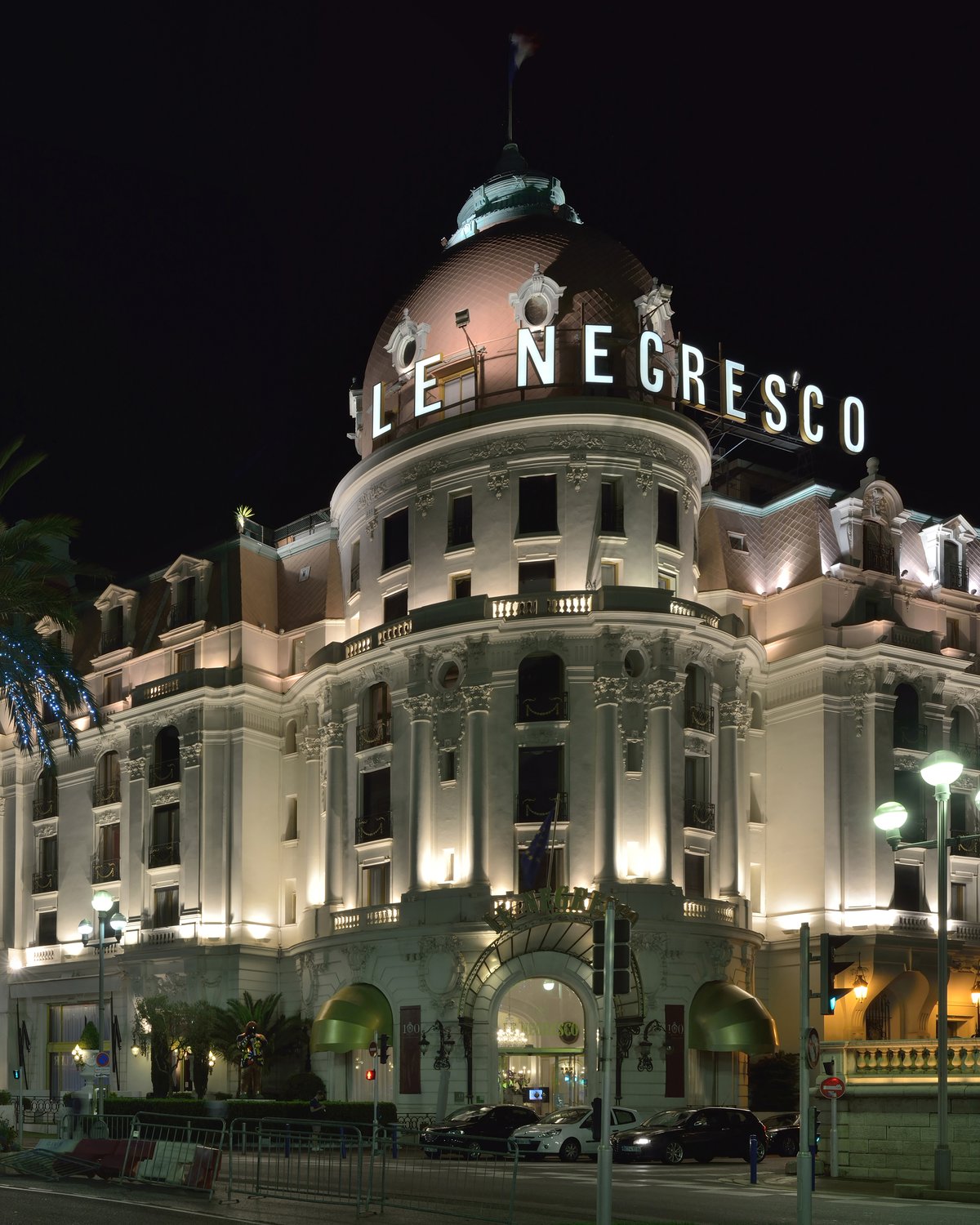 The Belle Époque facade of Hotel Negresco in Nice at night